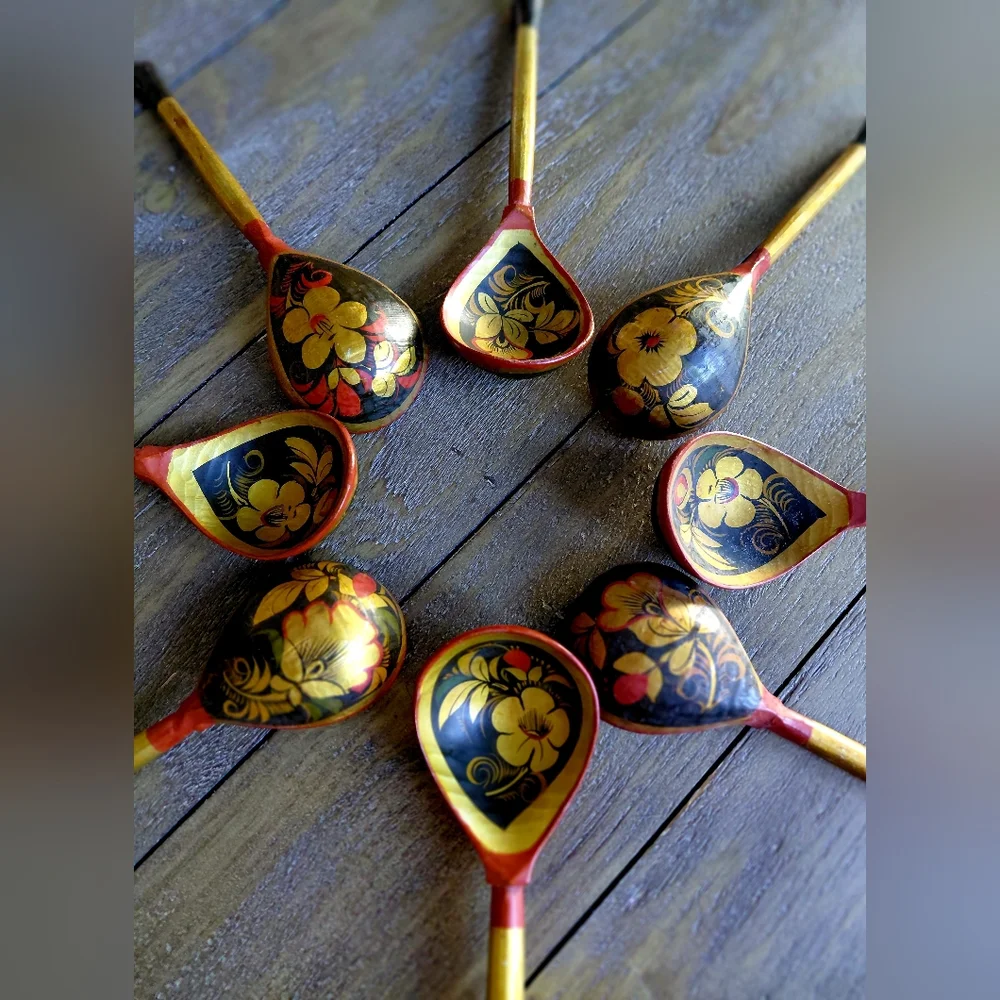 Handcrafted Floral Wooden Spoons (8) - 1950's Vintage In Gold and Black Colors